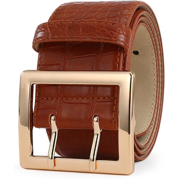Women Leather Wide Fashion Thick Dress Belt With Gold Buckle Belt Brown Gold - Picture 2 of 7